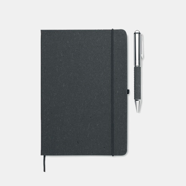 Libreta-A5-con-Tapa-Dura-de-Rayas-con-boligrafo-cuero-reciclado-ELEGANOTE-set-de-regalo-gris